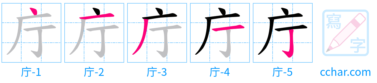 庁 stroke order step-by-step diagram