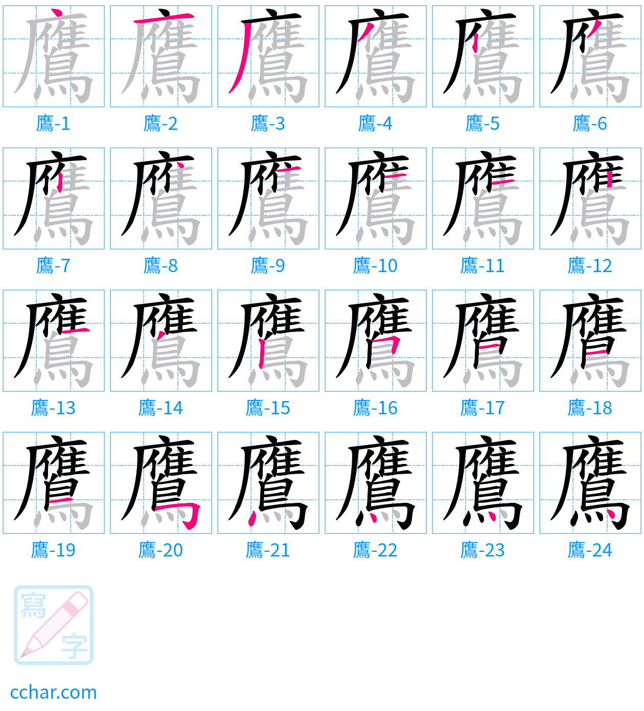 鷹 stroke order step-by-step diagram