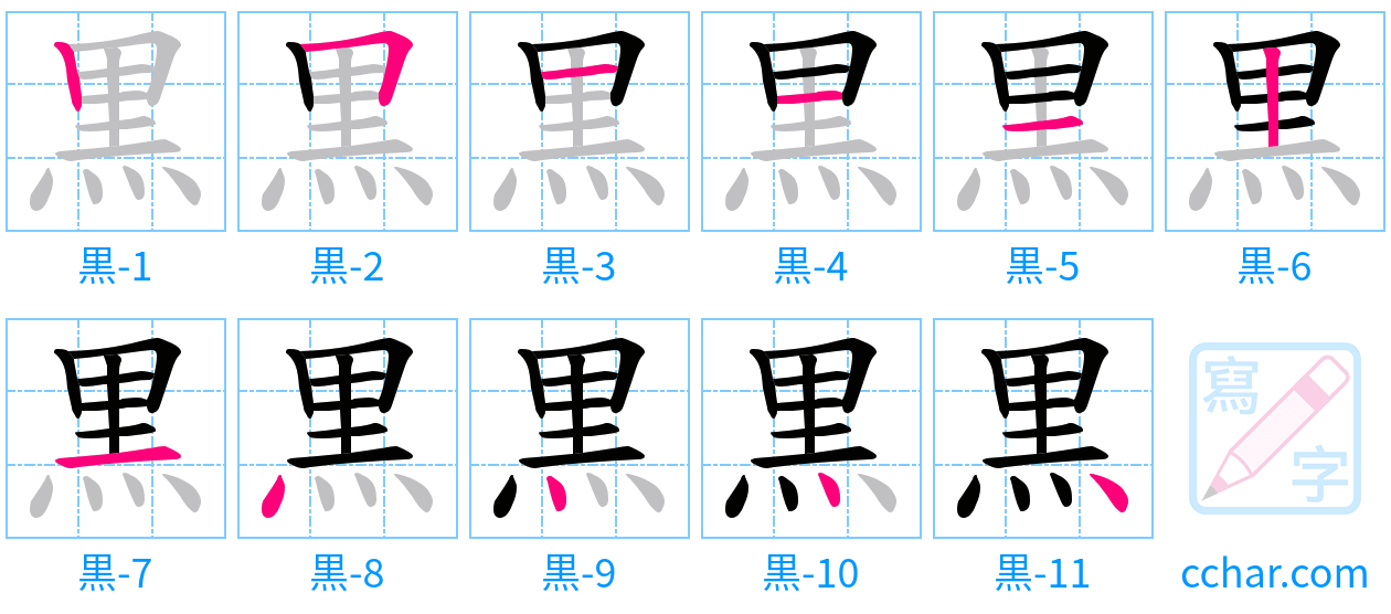 黒 stroke order step-by-step diagram